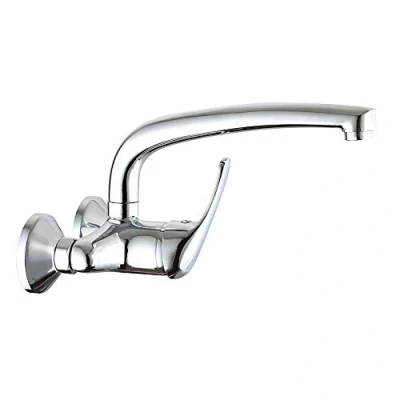 Imagen de Kibath Grifo monomando de cocina fregadero BAT pared con caño largo giratorio, Fabricado en latón acabados cromo brillo, Distancia entre las tomas 11 cm, Repuestos garantizados