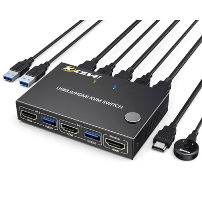 Imagen de USB 3.0 Switch KVM HDMI 2 PC 1 Monitor, 4K@60Hz EDID Simulado, Puertos Conmutadores Compartir 4 Dispositivos Inalámbricos Ratón Teclado Impresora Escáner, con 3 Cables y Wired Remote