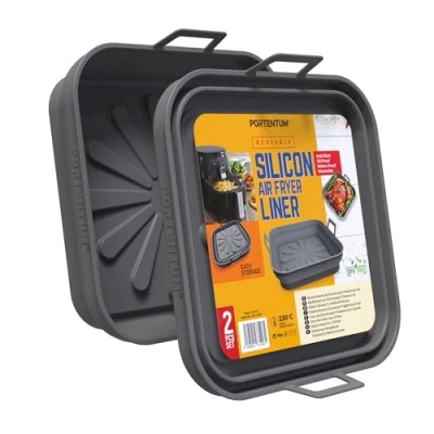 Imagen de PORTENTUM Molde Silicona Freidora de Aire Cuadrados 22,5 cm Set 2 Recipientes Air Fryer Plegables Reutilizables LFGB y BPA Free Accesorios