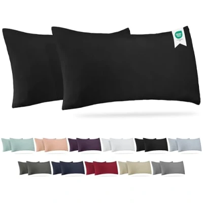 Imagen de Barbons Funda de Almohada 40x80 Negro Juego 2 100% Algodón Jersey, Cojin para Cama Protector 40 x 80 cm