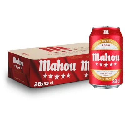 Imagen de Mahou 5 Estrellas, Pack de 28 Latas x 33 cl, Cerveza Especial Dorada Lager Con Sabor 5.5% Volumen Alcohol
