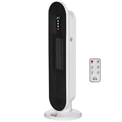 Imagen de HOMCOM Calefactor Cerámico de Torre 1200W/2000W con Mando a Distancia Termostato Temporizador 24H y Sistema Antivuelco para Sala 20 m² 21x21x63,5 cm Blanco Negro