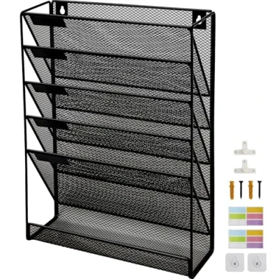 Imagen de organizador de archivos pared malla 6 niveles con bandeja plana inferior, vertical media, para colgar en la oficina, revistero, juego