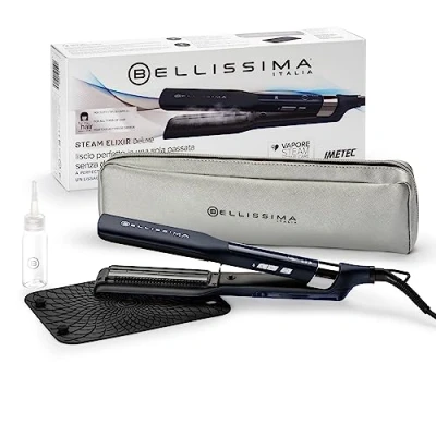 Imagen de Bellissima Steam Elixir Deluxe Plancha Alisadora, Alisa El Cabello en un Solo Paso sin Dañarlo, Revestimiento de Cerámica y Queratina, Calentamiento Rápido, 4 Temperaturas, Diseño Redondeado
