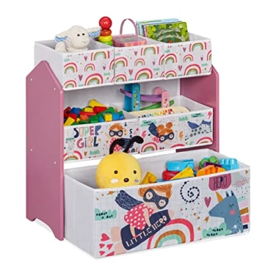Imagen de Relaxdays Estantería Infantil con 6 Cajas, 66x63x30 cm, Organizador Juguetes Superheroína, Mueble Juguetero, Multicolor, Tablero de Fibras