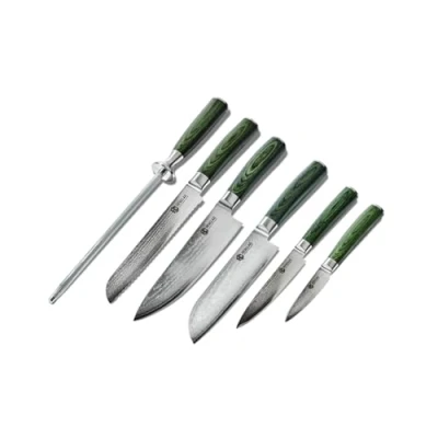 Imagen de HexClad Juego de Cuchillos Esenciales 6 Piezas, Hojas Acero Inoxidable Damasco Japonés, Mango Madera Pakka