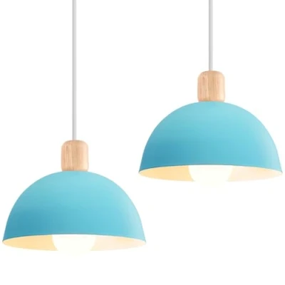Imagen de iDEGU 2 Piezas Lámparas de Techo Moderna, 20CM LED Lámpara Colgante en Hierro y Madera Estilo Escandinavo Iluminación E27 Retro Luz Interior para Dormitorio Comedor Sala Estar (# Azul)