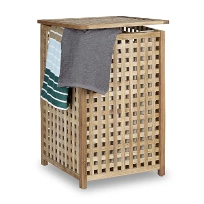 Imagen de Relaxdays Ropa Sucia Madera Nogal, Cesta Colada Tapa, 67,5x45,7x45,7 cm, Bolsa de Lino, 75 litros, Marrón Natural, 45.7 x 67.5 cm