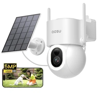 Imagen de AOSU Camara Vigilancia Exterior Solar 5MP 3K Cámara de Seguridad WiFi sin Cables con Bateria 400LM Focos LED Vision Nocturna en Color Detección Movimiento PIR Sensor Alarma Luz y Sonido