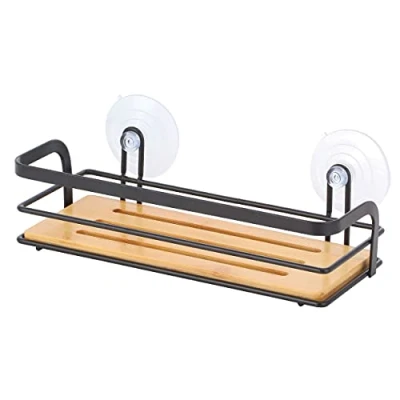 Imagen de MSV Estantería de ducha para baño, sin agujeros, con ventosas, acero y bambú, 12 x 9 25,5 cm, color negro mate