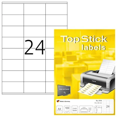 Imagen de TopStick 8705 Etiquetas de dirección A4, paquete 10 (70 x 36 mm, 1000 hojas, papel, mate) autoadhesivas, imprimible, pegatinas universales permanentes, 24000 adhesivos blancas