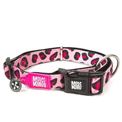 Imagen de Max &amp; Molly Urban Pets Smart ID Collar de Perro Neopreno Suave, Impermeable, Lavable a máquina, Hebilla Poder, Etiqueta QR y Perfil aplicación Personalizado, Leopardo Rosa, L