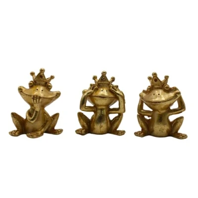 Imagen de Juego de 3 Ranas Decorativas no Ver, oír, Hablar, poliresina, príncipe Rana en Oro, tamaño: x 6 8 cm (Largo Ancho Alto)