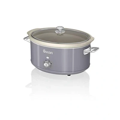 Imagen de Swan Retro SF17031GRN Olla Cocción Lenta 6,5L Recipiente Extraíble, Antiadherente Cerámica libre PFOA y PTFE, 3 Niveles Temperatura, Tapa Vidrio, Slow Cooker, Diseño Vintage, Gris, 320W