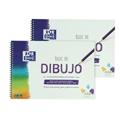 Imagen de Oxford, Bloc Dibujo A4+ Espiral. Tapa Blanda, Contratapa Rígida, 20 Hojas. Papel 130 gr con Recuadro, Pack 2 Unidades