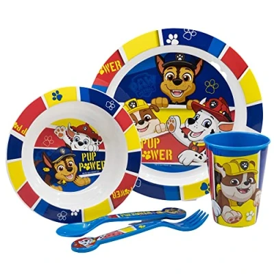 Imagen de Set vajilla infantil reutilizable apta para microondas compuesta por vaso, plato, cuenco y cubiertos de La Patrulla Canina