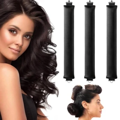 Imagen de rizos sin calor, 3 unidades de rizadores cinta rulos durante la noche, calor para cabello largo, todo tipo (negro, M)