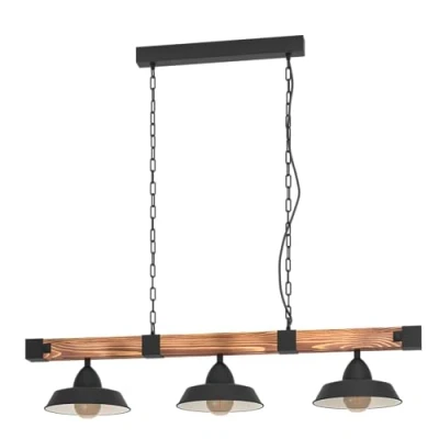 Imagen de EGLO lámpara colgante OLDBURY, de suspensión vintage con 3 bombillas estilo industrial, acero y madera, negro, marrón rústico, casquillo E27, L 118 cm, certificado FSC