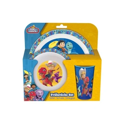 Imagen de p:os 35133 Juego de Desayuno Dino Ranch, vajilla 3 Piezas con Plato, Bol y Taza, Infantil plástico, Apta para lavavajillas microondas