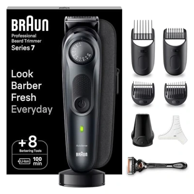 Imagen de Braun Recortadora de Barba Series 7, Máquina Cortar Pelo, Cortapelos Hombre con ProBlade, 40 Ajustes longitud, Base Carga, Funda viaje y 100 Min Autonomía, 7 BT7441, Negro