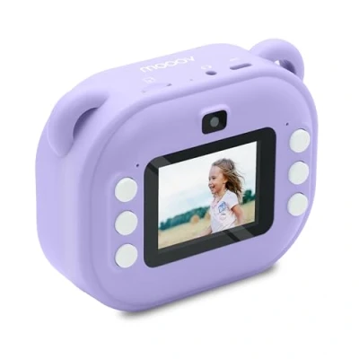 Imagen de Mooov 477523 Camara Fotos Infantil instantanea, 2,4’‘ Full HD/HD, cámara para niños y niñas, 18 Efectos/Marcos, 5 Juegos, 2 Rollos de Papel fotográfico impresión, Lila