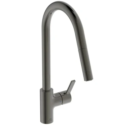 Imagen de Ideal Standard Gusto Grifo monomando para fregadero de cocina, caño alto tubular con ducha mano ajustable y extraíble dos funciones, gris magnético