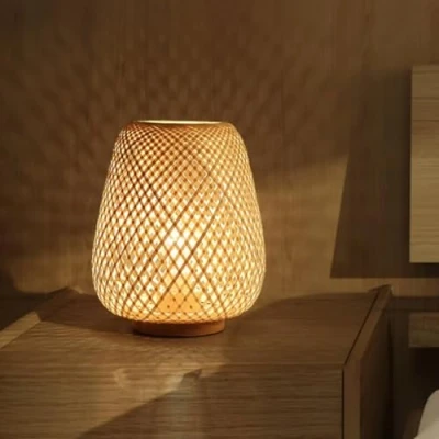 Imagen de GUANSHAN bambú Tejido Linterna Lámpara de mesa noche Luz decorativa Iluminación Pantalla para dormitorio, sala estar
