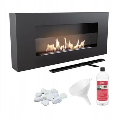 Imagen de KRATKI Chimenea de bioetanol Delta Flat + Guijarros Embudo Biocombustible Real Fire montado en la Pared, biocontenedor 0,4 l, Certificado TÜV Acero, 40 x 90 cm, Acristalamiento, Negro Mate