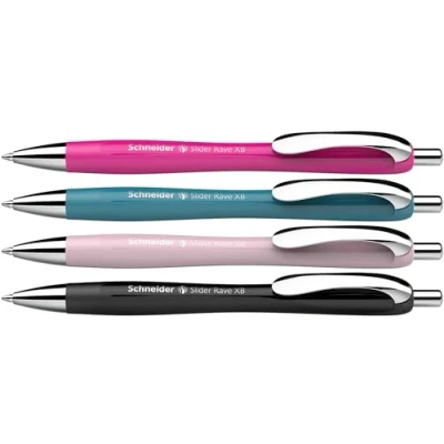 Imagen de Schneider 132564 Slider Rave XB Bolígrafos (edición especial limitada, 1 negro, rosa fuerte, verde azulado, perla, fabricado en Alemania), 4 unidades, color de escritura: azul