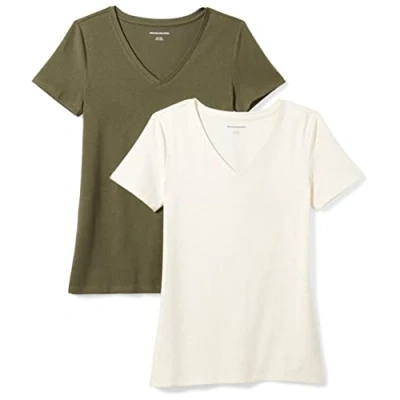 Imagen de Amazon Essentials Camiseta de Cuello en v Manga Corta y Ajuste Clásico Mujer, Pack 2, Verde Oliva/Avena Mezcla, XXL