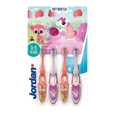 Imagen de Jordan Cepillo de dientes para niños 3 a 5 años cerdas blandas, mango doble ergonómico y libre BPA Color rosa amarillo Pack 4 unidades