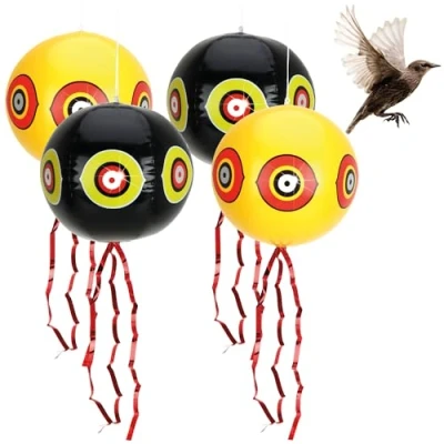 Imagen de com four® Globo Repelente de pájaros 4X Espantapájaros para Colgar con Ojos Reflectantes y Rayas crepitantes estorninos, Cuervos, grajillas Palomas (4 Piezas Globo)