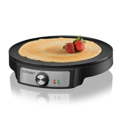 Imagen de Cloer 6620 Crepera eléctrica, para crepas dulces o saladas con 29 cm Ø, 1200 W, revestimiento antiadherente, Incl. esparcidor de masa madera y volteador, negro