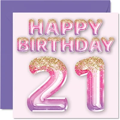 Imagen de Tarjeta de cumpleaños número 21 para mujer, globos purpurina rosa y morada, tarjetas feliz mujer años, hija, hermana, tía, prima, 145 mm x mm, felicitación