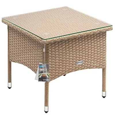 Imagen de CASARIA® Mesita de Centro Poliratán 50x50x45cm Carga hasta 80Kg Mesa Auxiliar Jardín Ajustable en Altura Tablero Vidrio Resistente Intemperie Crema