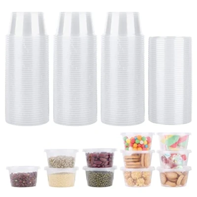 Imagen de 50 Piezas Tarros de Plastico con Tapa Pequeños,Contenedores Plástico，100ML Recipientes Comida,Vasos Almacenamiento Alimentos Reutilizables Indicado para Salsas, Sopas, Condimentos, Cremas