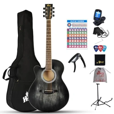 Imagen de Winzz Zurdo Guitarra Acústica para Principiantes Adultos y Estudiantes 40 Pulgadas,Negro Set con Cuerdas de Acero,Elegante Diseño Color Único