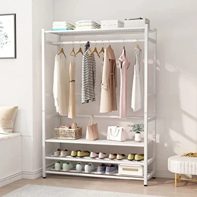 Imagen de Percheros Burro, Multifuncional Perchero Blanco Moderno, Armario Abierto de Metal,Colgador Ropa con 3 Estantes Zapatero y Barra Colgante,Perchero Pie para Entrada Pasillo Salón