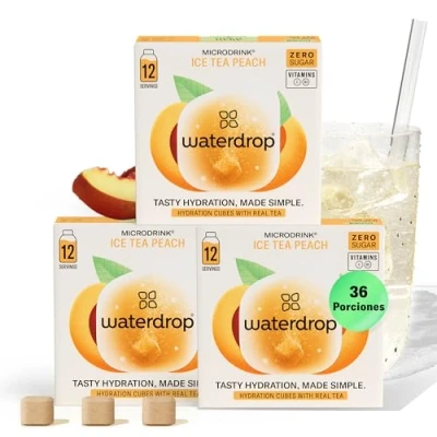 Imagen de waterdrop® Microdrink, Té Frio MELOCOTÓN, 36 Pastillas Saborizantes Para Agua Sin AZÚCAR, NEGRO, Con VITAMINAS, Refresco Instantaneo Calorias, Infusiones Variadas Polvo, Ice Tea