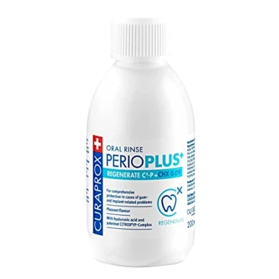 Imagen de Curaprox Perio plus Regenerate, enjuague bucal CITROX de sabor agradable contra el mal aliento y la inflamación, con 0,09% clorhexidina ácido hialurónico, sin alcohol, 200 ml