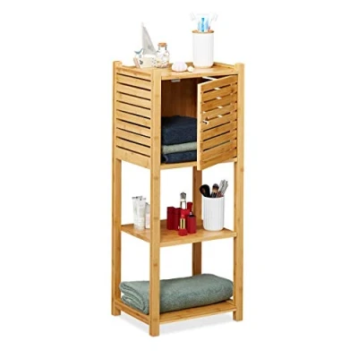 Imagen de Relaxdays Estantería de bambú para baño, Tres estantes, 1 Compartimento con Puerta, 87,5 x 35 29 cm, Ud., Marrón