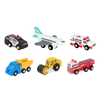 Imagen de Battat Policía Miniature Toy Cars 6pcs Minis Classic Rescue &amp; Construction Steamroller, Dump Truck 3 Years + Wooden Vehicles Set 2, Multicolor, Medium (BT2706Z)