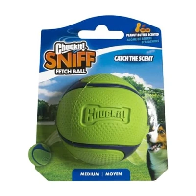 Imagen de Chuckit! Peanut Butter Sniff Fetch Ball Pelota de persecución para Perros con Sabor a Cacahuete Robusta núcleo Grueso Tamaño Mediano 6,5 cm diámetro