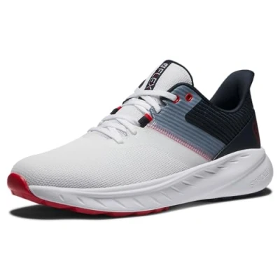 Imagen de FootJoy Zapatos de golf Fj Flex para hombre, Blanco/Azul marino/Rojo, 44.5 EU