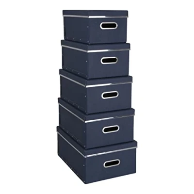 Imagen de Bigso Box of Sweden Juego de 5 Cajas con tapa para el despacho, dormitorio o la habitación los niños Caja organizadora aspecto lino apilables tablero fibras y papel azul