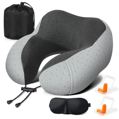 Imagen de Zepphi Almohada de Viaje para Cuello, Cojin Cervical Espuma Memoria, Cuello Oficina Avión Tren Coche Viajando, Suave y Ajustable, con Máscara Ojos, Tapones Bolsa (Gris)