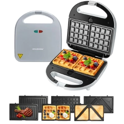 Imagen de Sandwichera 3 en 1: Sandwichera, Gofrera y Grill, 750W, Placas Desmontables Antiadherentes e Intercambiables. Indicador Luminoso, Termostato, Gris, Aigostar Grace