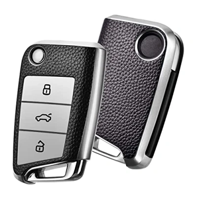 Imagen de OATSBASF Funda para llave adecuada Volkswagen, Golf 7, Polo, Skoda, Seat, poliuretano termoplástico, textura de piel sintética (plateada)