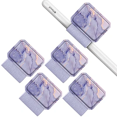 Imagen de Fintie [4 Unidades] Portalápices Autoadhesivo para Apple Pencil y Stylus Pen Loop Holder Cuaderno, Calendario, Tableta, Carpeta, mármol Lila