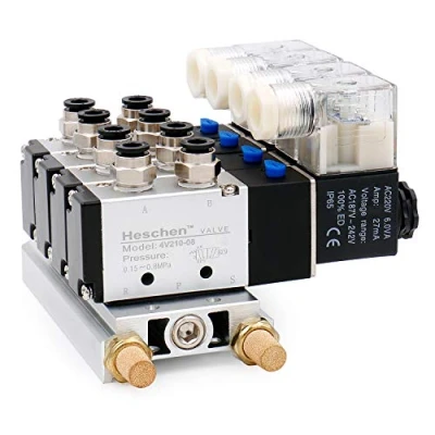 Imagen de Heschen Electroválvula neumática 4 solenoide 4V210 08 AC 220V PT1/4 5 vías 2 posiciones manifold base silenciador rápido conjunto
